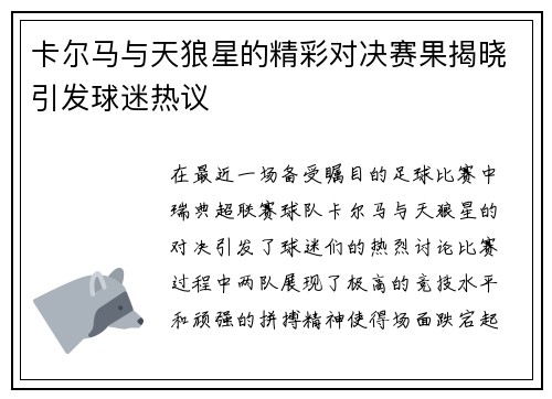 卡尔马与天狼星的精彩对决赛果揭晓引发球迷热议