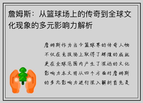 詹姆斯：从篮球场上的传奇到全球文化现象的多元影响力解析